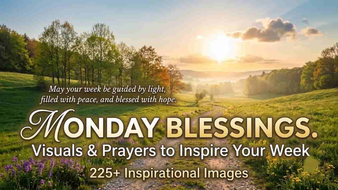 An inspirational Monday blessings image featuring a serene morning landscape with a winding dirt path through lush green fields and glowing golden sunlight. Overlaid text reads, "May your week be guided by light, filled with peace, and blessed with hope" above the headline "Monday Blessings: Visuals & Prayers to Inspire Your Week" "Monday Blessings Images" .