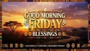 A 16:9 culturally curated African American Good Morning Friday Blessings gif featuring an African savanna sunrise background, vibrant Kente cloth borders, Gye Nyame symbols, and glowing gold typography.