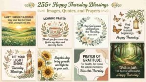 A collection of floral and nature-themed Happy Thursday blessing graphics featuring uplifting quotes, morning prayers, and scriptures "Happy Thursday Blessings".