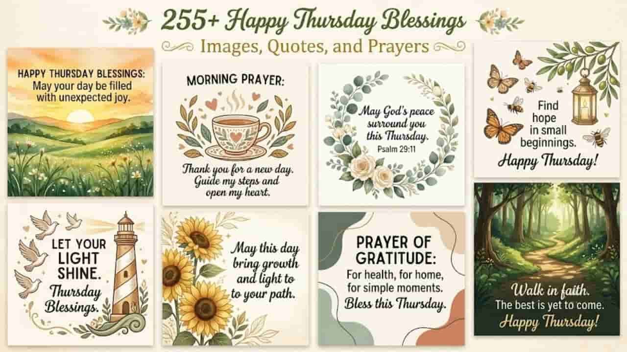 A collection of floral and nature-themed Happy Thursday blessing graphics featuring uplifting quotes, morning prayers, and scriptures "Happy Thursday Blessings".