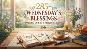 A 16:9 aesthetic flat lay image on a rustic wooden table featuring an open journal with "Wednesday Prayers Inspiration" text, a steaming cup of coffee with heart art, a vase of wildflowers, a lit candle, and a book, topped with elegant gold and brown typography reading "285+ WEDNESDAY'S BLESSINGS Prayers, Quotes & Images to Share 2026" against a bright window and floral background.