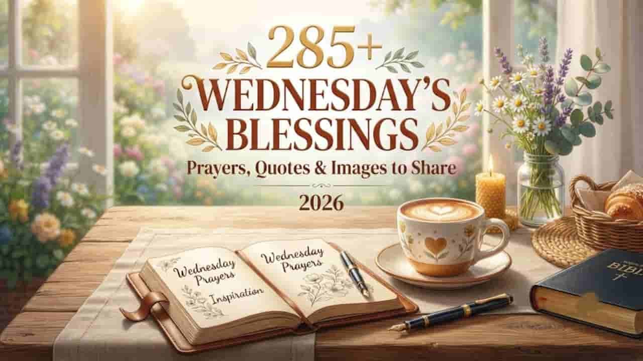 A 16:9 aesthetic flat lay image on a rustic wooden table featuring an open journal with "Wednesday Prayers Inspiration" text, a steaming cup of coffee with heart art, a vase of wildflowers, a lit candle, and a book, topped with elegant gold and brown typography reading "285+ WEDNESDAY'S BLESSINGS Prayers, Quotes & Images to Share 2026" against a bright window and floral background.