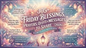305+ Friday Blessings and Prayers, Quotes & Messages to Share (2026) banner with soft pastel floral background, glowing lanterns, and uplifting inspirational phrases.