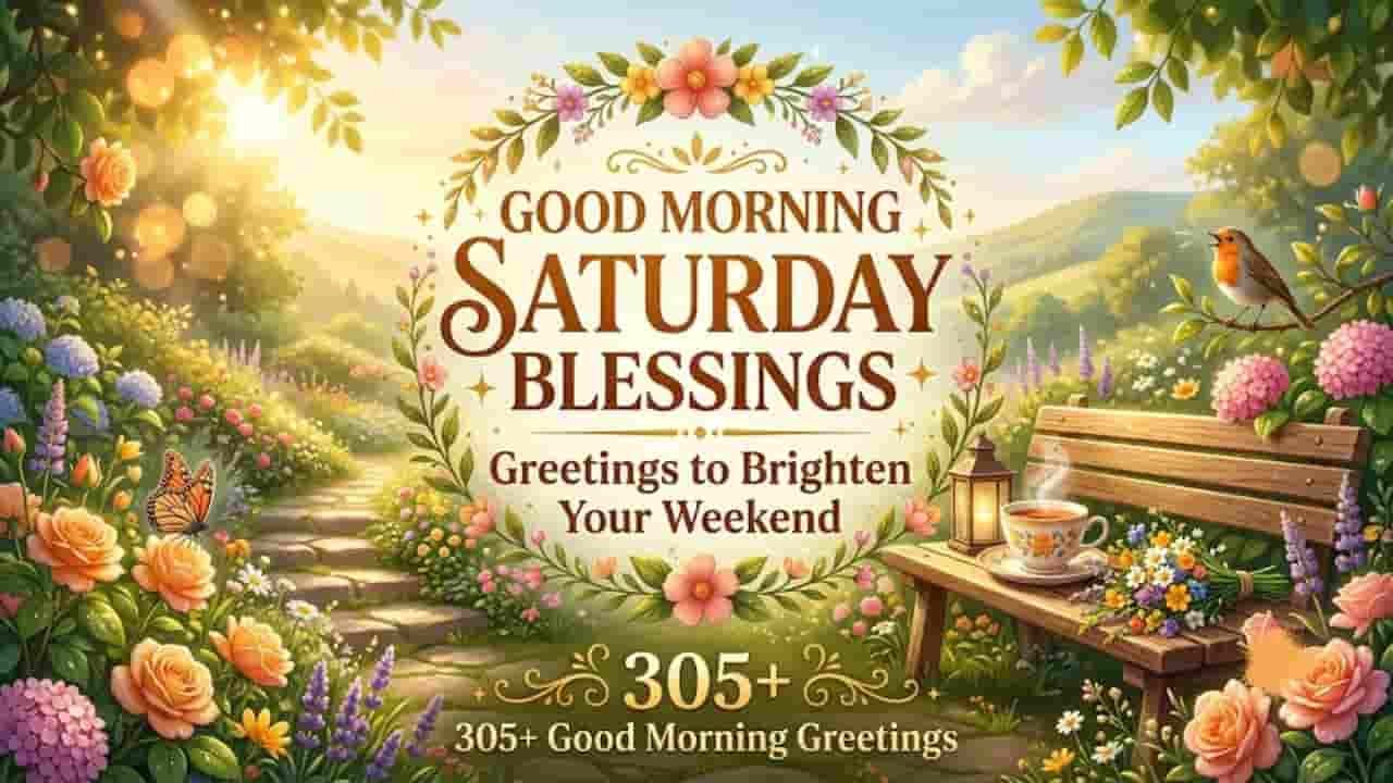 Beautiful floral Saturday morning greeting banner with text "Good Morning Saturday Blessings, Greetings to Brighten Your Weekend", featuring a sunlit garden, colorful flowers, wooden bench with a warm tea cup, and a singing bird "305 Good Morning Saturday Blessings Images Greetings to Brighten Your Weekend".