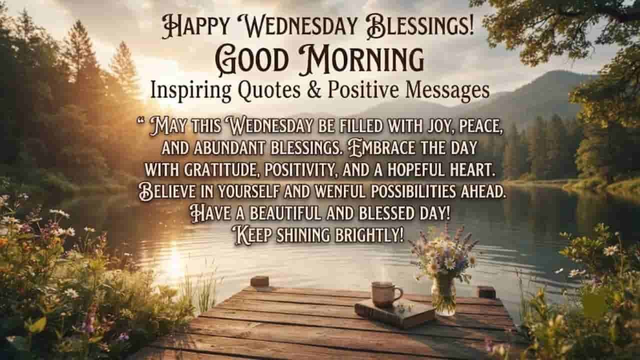 Happy Wednesday Blessings Good Morning quote image featuring a peaceful lake sunrise, wooden dock with a coffee cup, book, and flower vase in a natural landscape.