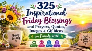 Inspirational Friday blessings and prayers. quotes with morning coffee and flowers banner "