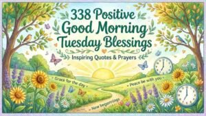 An illustration of a bright sunrise over a lush green meadow filled with sunflowers, butterflies, and birds, featuring the text "338 Positive Good Morning Tuesday Blessings: Inspiring Quotes & Prayers".