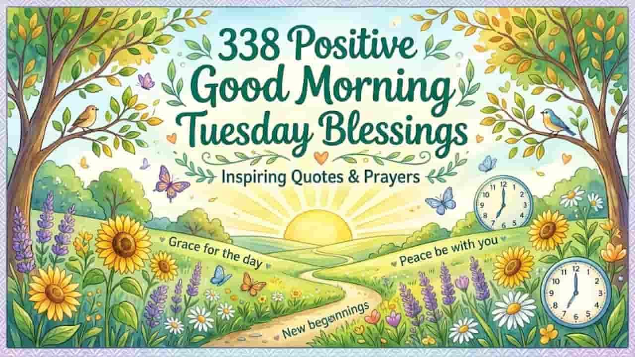 An illustration of a bright sunrise over a lush green meadow filled with sunflowers, butterflies, and birds, featuring the text "338 Positive Good Morning Tuesday Blessings: Inspiring Quotes & Prayers".