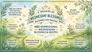 A 16:9 illustration featuring a collection of 480 inspirational Wednesday blessings, prayers, and quotes surrounded by lush green olive branches, wildflowers, flying birds, and stepping stones.