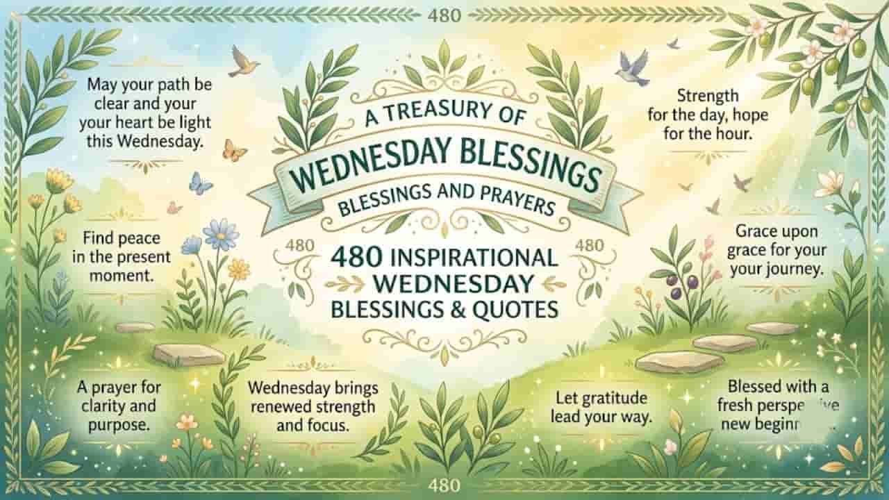 A 16:9 illustration featuring a collection of 480 inspirational Wednesday blessings, prayers, and quotes surrounded by lush green olive branches, wildflowers, flying birds, and stepping stones.