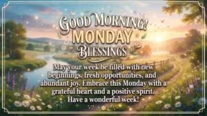 Good Morning Monday Blessings sunrise landscape with a river, wildflowers, and flying birds "Monday Good Morning Blessings and Quotes".