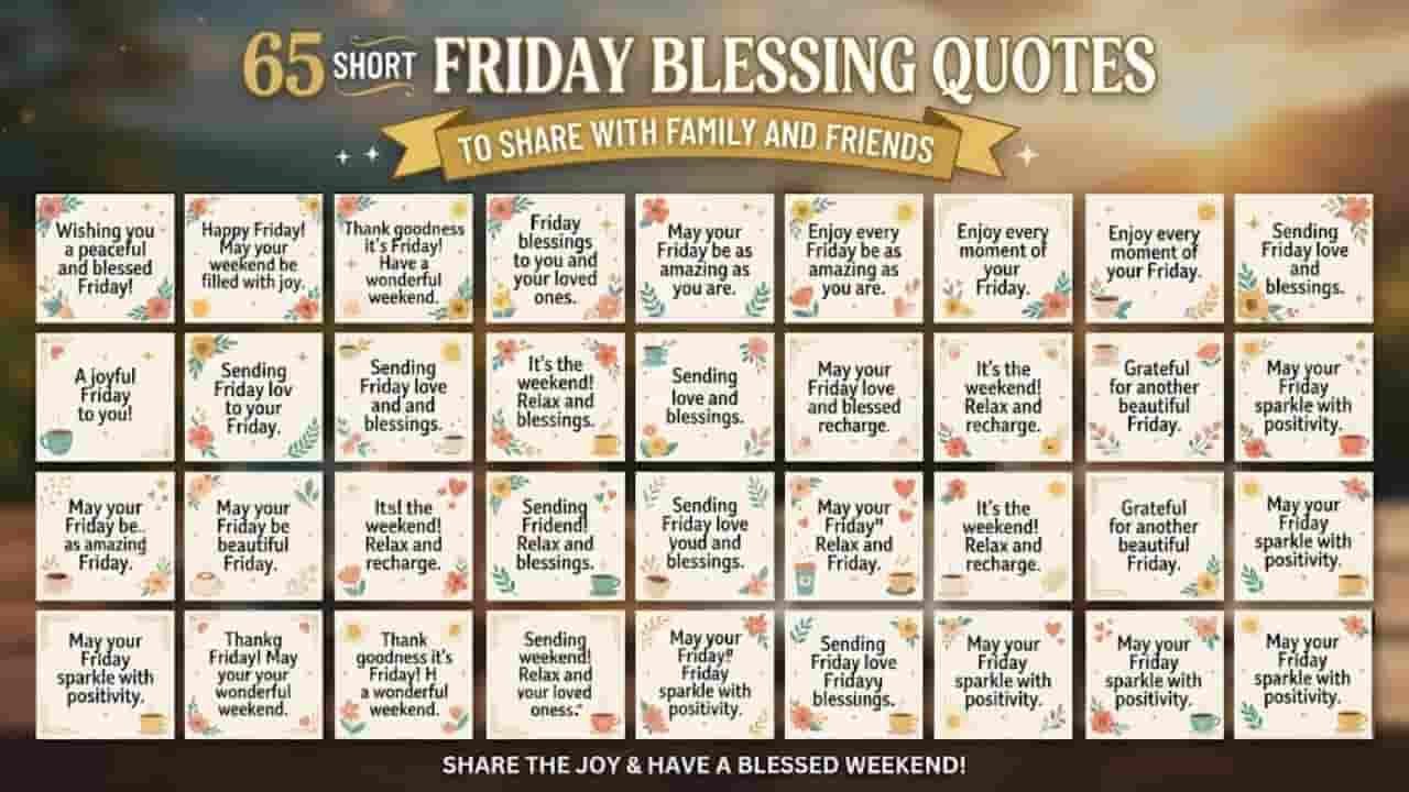 A 16:9 banner image featuring warm golden hour lighting, a decorative title '65 Short Friday Blessing Quotes to Share with Family and Friends', and a grid of cards containing peaceful blessings, autumn floral illustrations, and coffee cups "Short Friday Blessing Quotes".