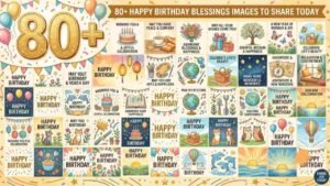Grid of colorful Happy Birthday blessings and card images featuring birthday cakes, balloons, stars, and nature motifs without human figures " Happy Birthday Blessings Images".