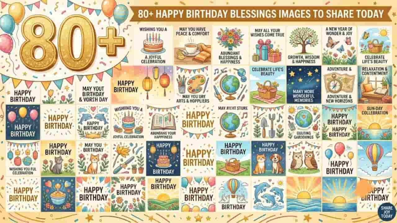 Grid of colorful Happy Birthday blessings and card images featuring birthday cakes, balloons, stars, and nature motifs without human figures " Happy Birthday Blessings Images".