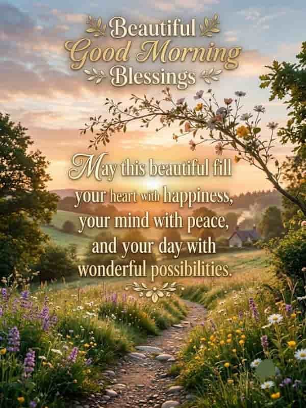 Beautiful Good Morning Blessings greeting image showing a peaceful sunrise over green hills with wildflowers, a gravel path, and golden text reading "May this beautiful morning fill your heart with happiness, your mind with peace, and your day with wonderful possibilities."