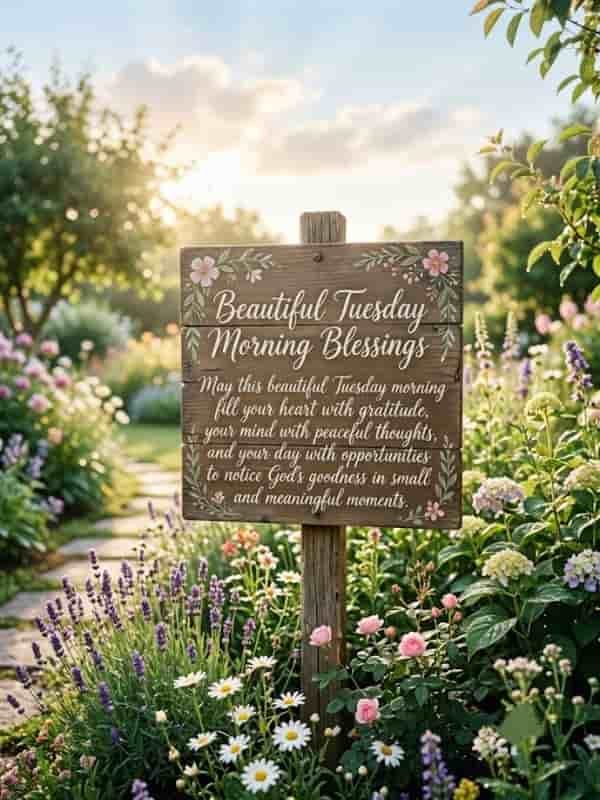 Beautiful Tuesday Morning Blessings text on a rustic wooden sign in a sunlit flower garden with blooming roses, daisies, and lavender under a soft morning sky.