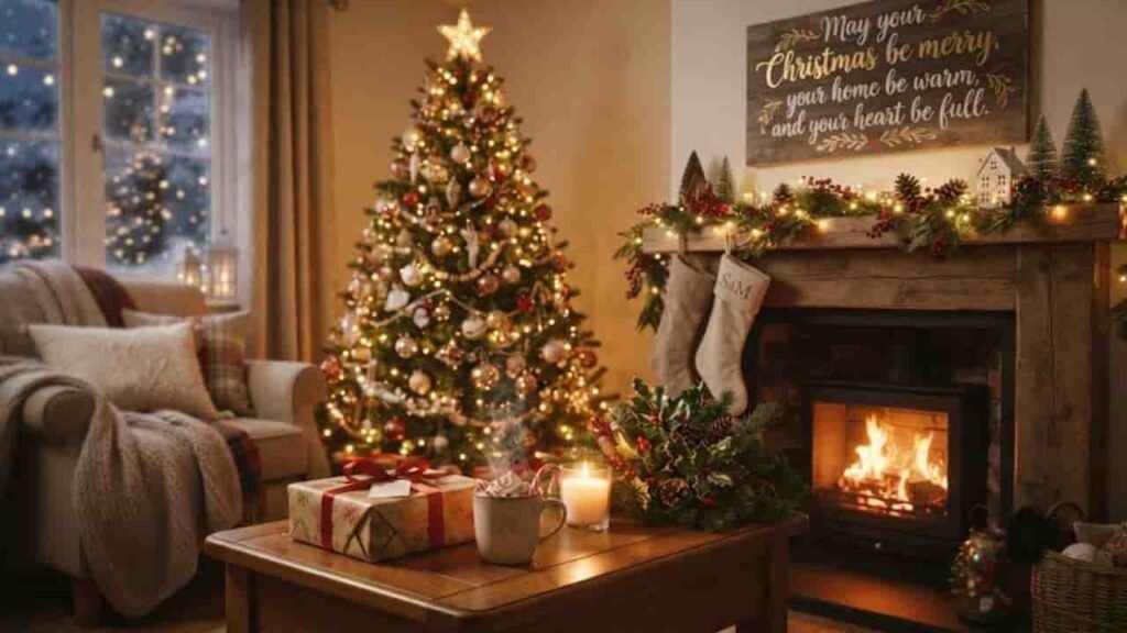 A cozy, warm living room decorated for Christmas featuring a glowing tree, a lit fireplace, a coffee table with a gift and a mug, and a wooden sign on the mantel that reads, "May your Christmas be merry, your home be warm, and your heart be full."