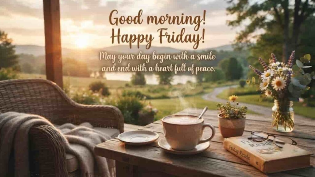 A peaceful Friday morning scene on a rustic wooden patio with a steaming cup of coffee, a book, and wildflowers, overlooking a scenic sunrise landscape with text that reads 'Good morning! Happy Friday! May your day begin with a smile and end with a heart full of peace.