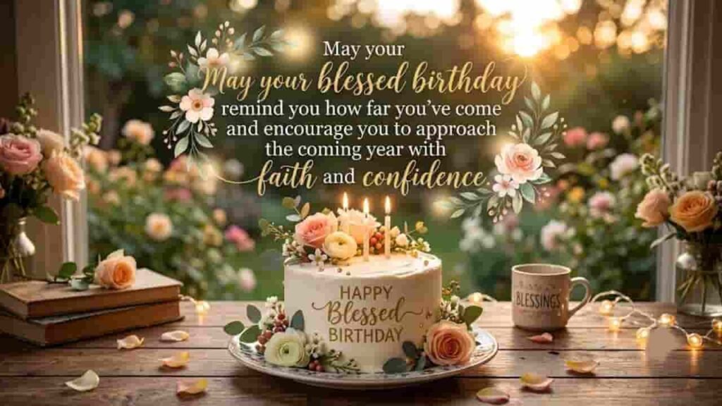 Beautiful 16:9 birthday image featuring a cake with glowing candles and soft floral decorations, with the message "Happy Blessed Birthday. May your blessed birthday remind you how far you've come and encourage you to approach the coming year with faith and confidence."