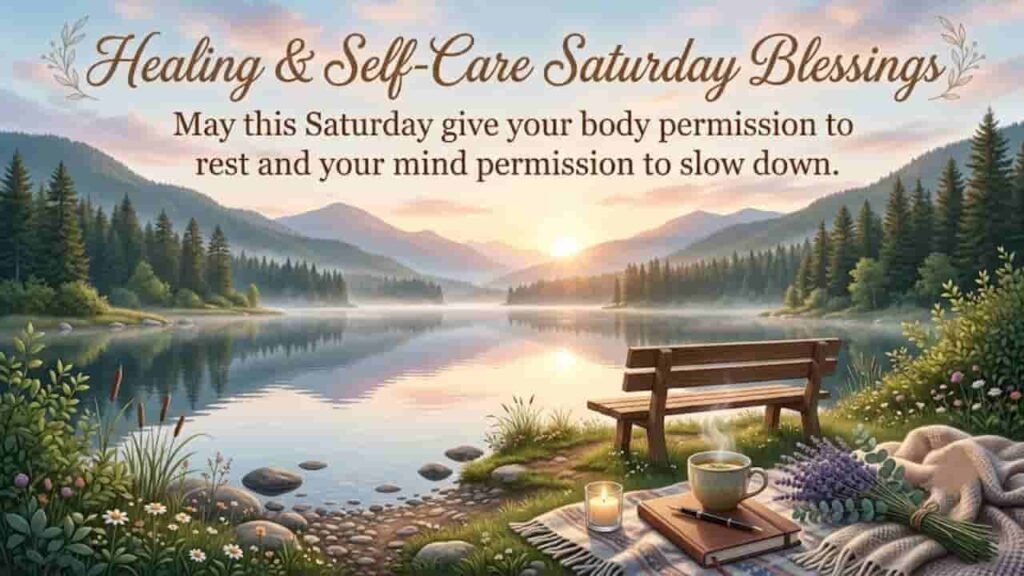 Tranquil lakeside landscape at sunrise featuring a peaceful wooden bench, a cozy blanket with a warm cup of tea, a notebook, candle, and lavender, with the overlay text: "Healing & Self-Care Saturday Blessings - May this Saturday give your body permission to rest and your mind permission to slow down.