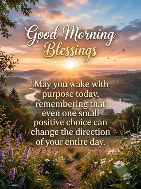 Inspirational Good Morning Blessings graphic featuring a serene sunrise over a lake and landscape, with the quote: "May you wake with purpose today, remembering that even one small positive choice can change the direction of your entire day."