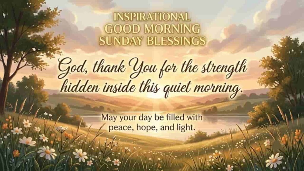 A peaceful Sunday morning landscape featuring a sunlit field of wildflowers overlooking a calm lake, with the inspirational text "INSPIRATIONAL GOOD MORNING SUNDAY BLESSINGS" and the prayer "God, thank You for the strength hidden inside this quiet morning."