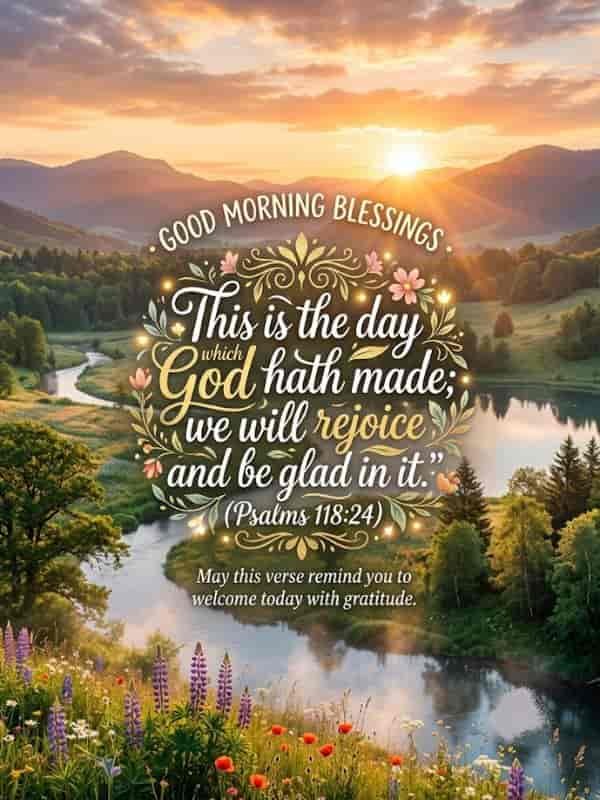 A peaceful sunrise landscape featuring lush green hills, a winding river, and vibrant wildflowers. In the center, elegant typography displays the text "GOOD MORNING BLESSINGS" along with the Bible verse Psalm 118:24, "This is the day which God hath made; we will rejoice and be glad in it," framed by delicate floral illustrations and warm golden light.