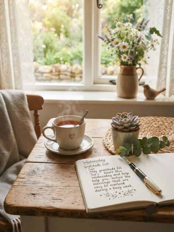 A cozy wooden tabletop near a sunlit window featuring an open notebook with handwritten text ("May gratitude fill your heart this Wednesday..."), a steaming cup of tea in a ceramic mug, a small potted succulent, and a vase of wildflowers on the windowsill.