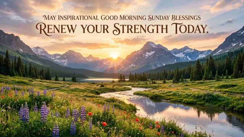 A scenic landscape featuring a flowing river through a lush green valley with wildflowers, towering mountains under a glowing morning sun, and the text "MAY INSPIRATIONAL GOOD MORNING SUNDAY BLESSINGS RENEW YOUR STRENGTH TODAY."