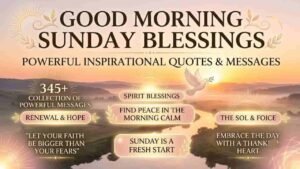 A peaceful Sunday sunrise landscape featuring the text "Good Morning Sunday Blessings" alongside inspirational quotes, a flying dove, and soft glowing sunlight over rolling hills "Inspirational Good Morning Sunday Blessings".