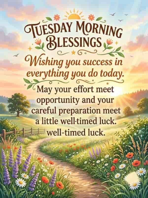 An uplifting Tuesday Morning Blessings graphic featuring a sunlit path winding through a vibrant wildflower meadow under a bright morning sky. The text reads, "Tuesday Morning Blessings. Wishing you success in everything you do today. May your effort meet opportunity and your careful preparation meet a little well-timed luck."
