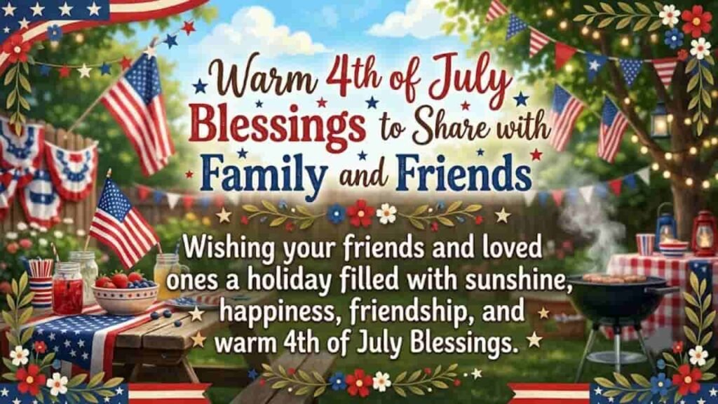 4th of July blessing greeting card with American flags, a backyard barbecue setup, summer drinks, patriotic bunting, and the text 'Warm 4th of July Blessings to Share with Family and Friends'.