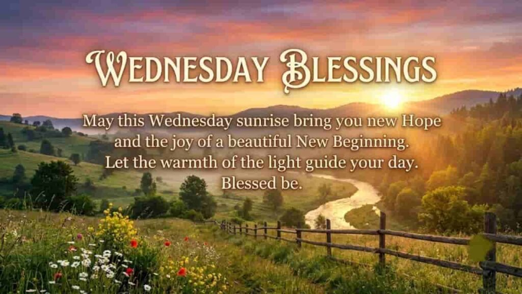 A peaceful countryside sunrise featuring a winding river, rolling green hills, and wild daisies along a wooden fence, overlaid with the text "Wednesday Blessings: May this Wednesday sunrise bring you new Hope and the joy of a beautiful New Beginning. Let the warmth of the light guide your day. Blessed be.