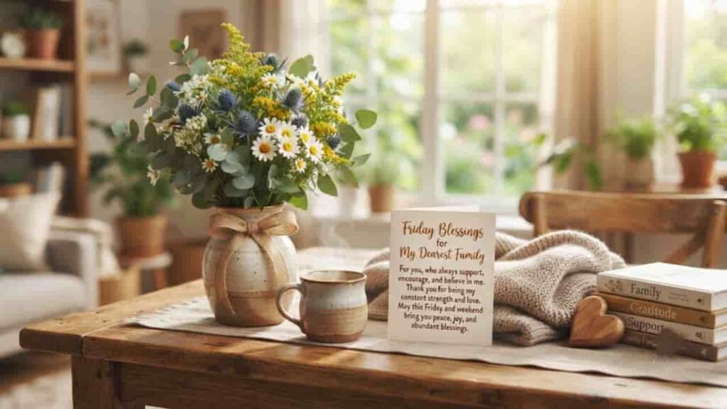 A peaceful Friday morning scene on a wooden balcony overlooking a calm lake and misty mountains at sunrise, featuring a steaming cup of coffee, a small vase of wildflowers, and an encouraging handwritten blessing note on a table.