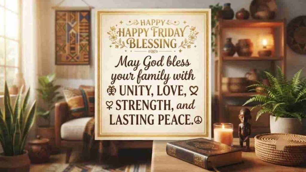 A warm Friday blessing card featuring golden typography that reads 'Happy Friday Blessing' and 'May God bless your family with unity, love, strength, and lasting peace,' displayed over a cozy cultural interior background with plants, a lit candle, and decorative African heritage elements.
