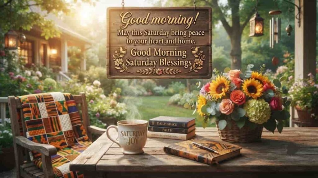 A peaceful Saturday morning porch scene with a rustic wooden sign reading 'Good morning! May this Saturday bring peace to your heart and home. Good Morning Saturday Blessings.' A steaming mug of coffee sits on a wooden table next to a stack of books with faith-themed titles, a vibrant bouquet of flowers in a basket, a journal, and a chair draped in a rich African Kente print quilt.