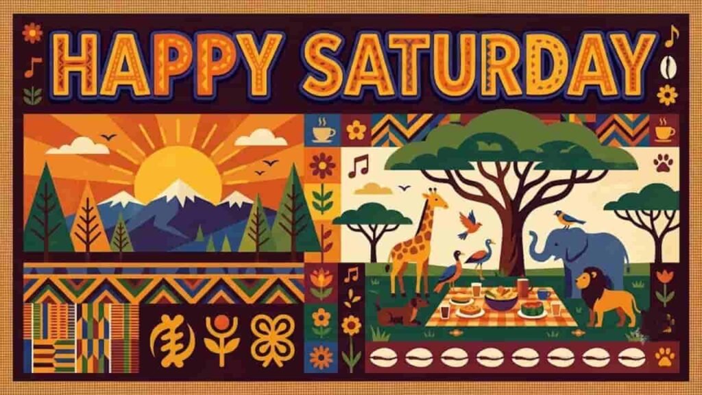 Vibrant Happy Saturday digital graphic featuring bold lettering, traditional African Kente patterns, Adinkra symbols, and a colorful savanna landscape with animals.