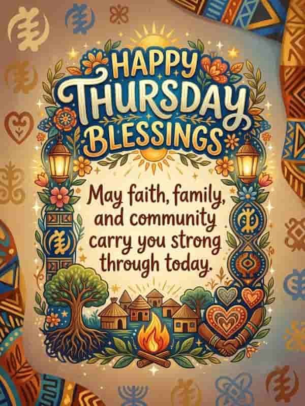 An African American-inspired Thursday blessings image featuring vibrant Kente patterns, Adinkra symbols, a glowing sunrise, and a village scene, with text reading "Happy Thursday Blessings - May faith, family, and community carry you strong through today."