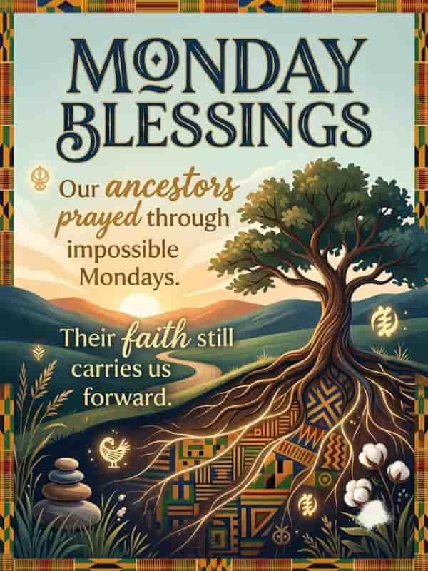 An inspirational graphic featuring the text "Monday Blessings: Our ancestors prayed through impossible Mondays. Their faith still carries us forward." Set against a serene landscape background with a sunrise, a deeply rooted tree, Adinkra symbols, and traditional African Kente pattern border elements.