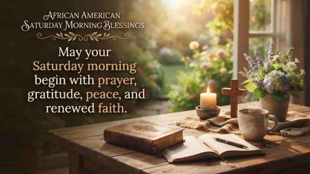A serene 16:9 Saturday morning blessing image featuring a warm wooden table with an open journal, a steaming cup of coffee, a lit candle, and fresh flowers near a sunny window, paired with the text 'African American Saturday Morning Blessings: May your Saturday morning begin with prayer, gratitude, peace, and renewed faith.