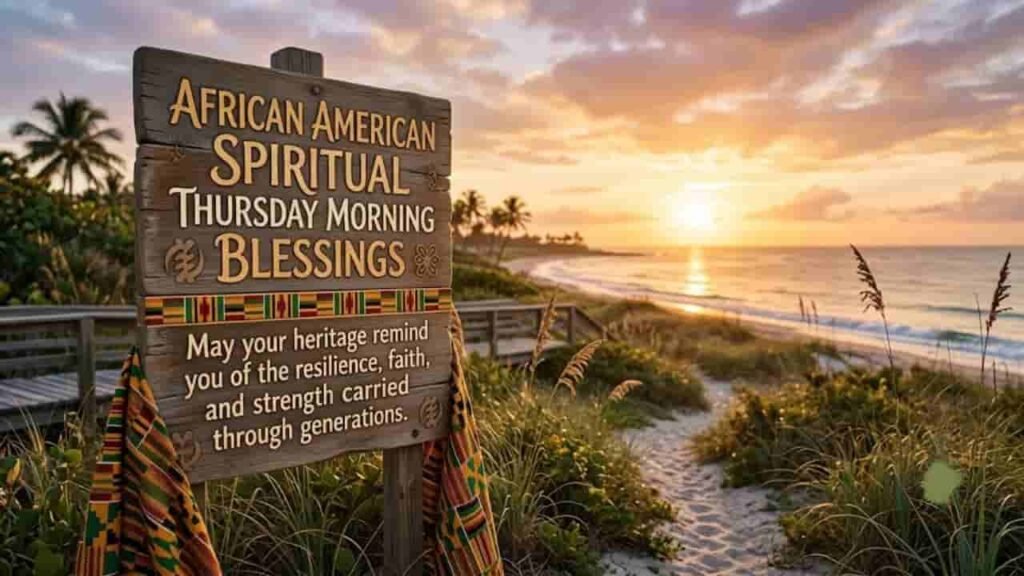 A peaceful beach at sunrise with a wooden sign that reads "African American Spiritual Thursday Morning Blessings" and "May your heritage remind you of the resilience, faith, and strength carried through generations." The sign is decorated with traditional Kente cloth and Adinkra symbols.