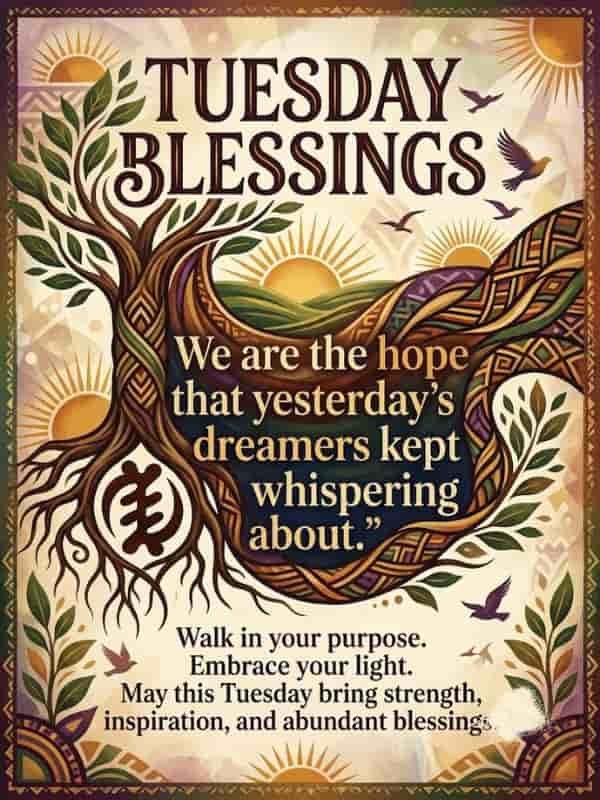 An inspirational Tuesday Blessings graphic featuring vibrant African geometric patterns, warm sunrise motifs, and a deeply rooted tree with Adinkra symbols. Bold text prominently displays the quote, "We are the hope that yesterday's dreamers kept whispering about," accompanied by an uplifting message of purpose, strength, and abundant blessings.