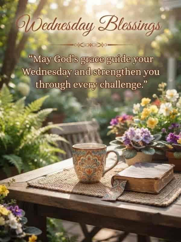 A peaceful morning scene on a rustic wooden patio with a steaming cup of coffee next to a closed book on a woven placemat, surrounded by vibrant potted flowers and lush greenery, featuring decorative text at the top that reads 'Wednesday Blessings' and 'May God’s grace guide your Wednesday and strengthen you through every challenge.
