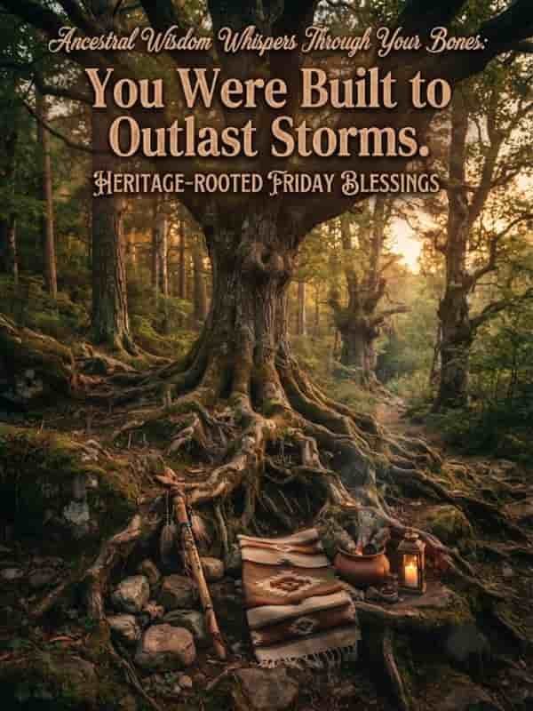 Heritage-rooted Friday blessings image featuring a massive ancient tree with deep roots in a mystical forest, accompanied by a woven blanket, lantern, and earthen pot symbolizing ancestral strength and wisdom.