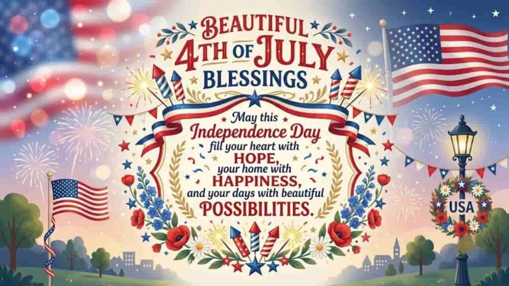 Elegant 4th of July graphic featuring American flags, festive fireworks, and floral wreaths framing the message: "Beautiful 4th of July Blessings Filled with Hope: May this Independence Day fill your heart with hope, your home with happiness, and your days with beautiful possibilities.