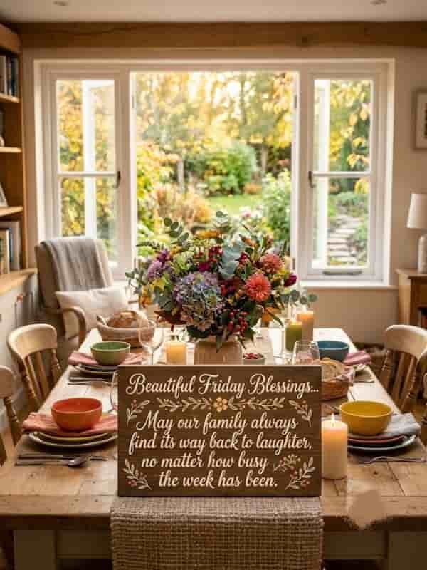 A cozy dining room table set for a family meal featuring a wooden sign inscribed with "Beautiful Friday Blessings... May our family always find its way back to laughter, no matter how busy the week has been," surrounded by glowing candles and a colorful flower centerpiece.