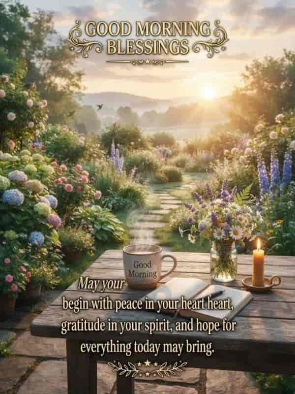 A peaceful morning garden scene with a wooden table holding a steaming mug of coffee, an open book, a vase of wildflowers, and a lit candle. The background features a sunlit garden path, blooming flowers, and gentle rolling hills under a soft morning sky. Elegant golden text at the top reads 'GOOD MORNING BLESSINGS', and text at the bottom reads 'May your morning begin with peace in your heart, gratitude in your spirit, and hope for everything today may bring.
