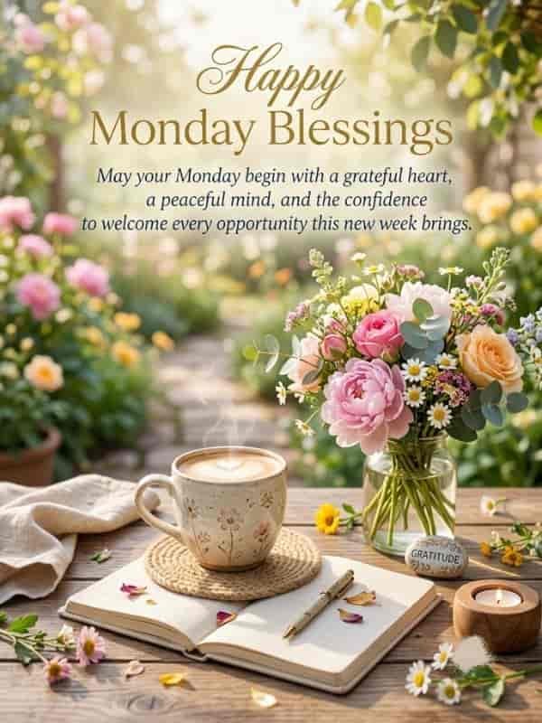 An image featuring a morning garden setup on a wooden table with a steaming cup of coffee, an open journal, a vase of fresh pink and yellow flowers, and soft sunlight. Text at the top reads: "Happy Monday Blessings - May your Monday begin with a grateful heart, a peaceful mind, and the confidence to welcome every opportunity this new week brings."