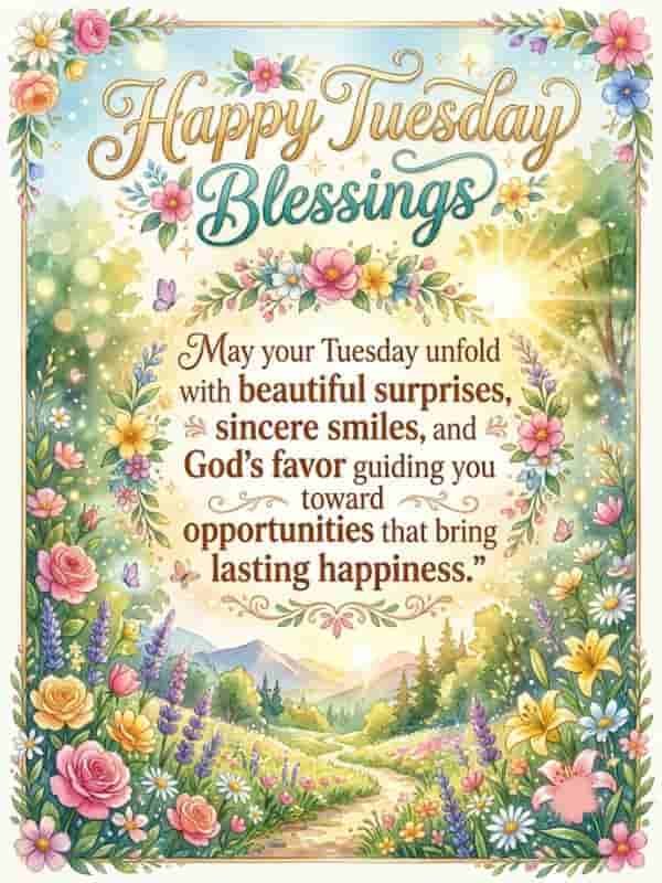 Happy Tuesday Blessings image featuring a soft watercolor flower border, a sunny scenic landscape, and the quote "May your Tuesday unfold with beautiful surprises, sincere smiles, and God's favor guiding you toward opportunities that bring lasting happiness."