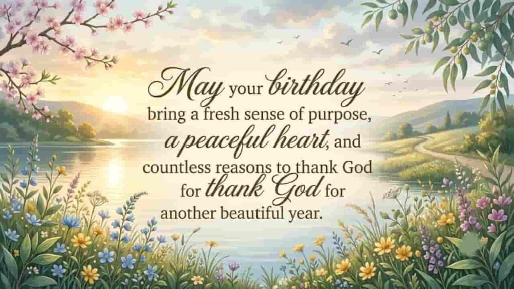 Serene landscape with sunrise, calm lake, blooming wildflowers, and a birthday blessing quote about peace and purpose.